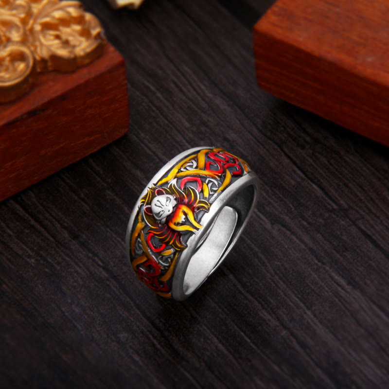 Anello di protezione del successo della volpe a nove code in argento sterling 999 Buddha Stones