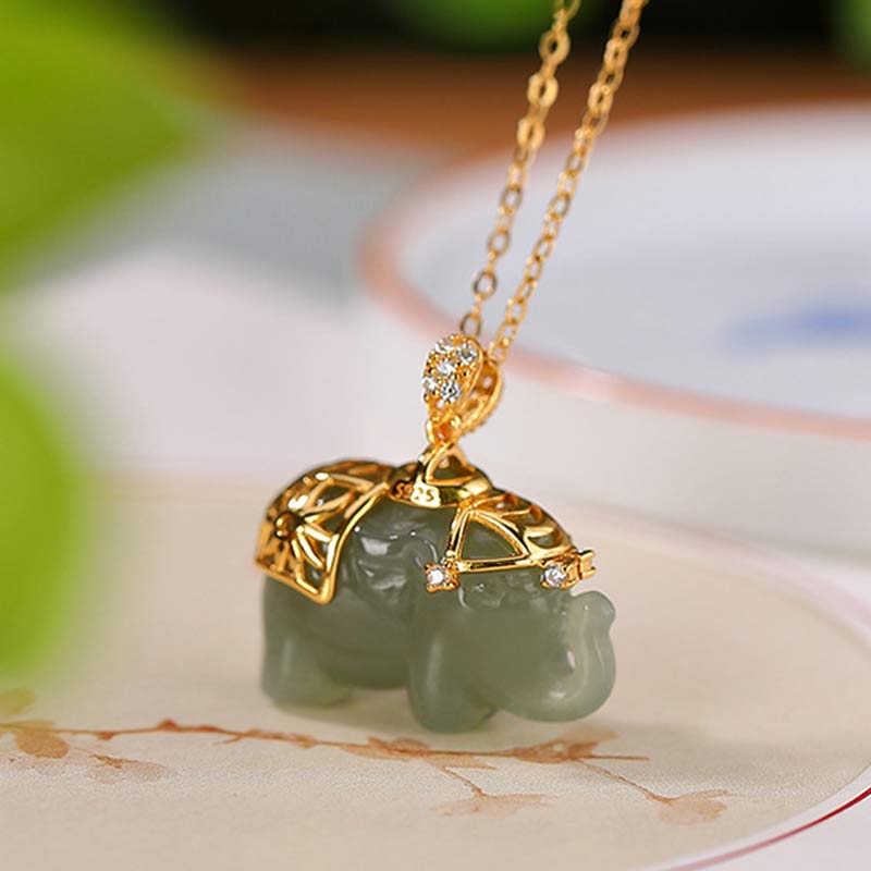 Collana con ciondolo a forma di elefante in argento sterling 925 con Buddha Stones e giada, benedizione e fortuna