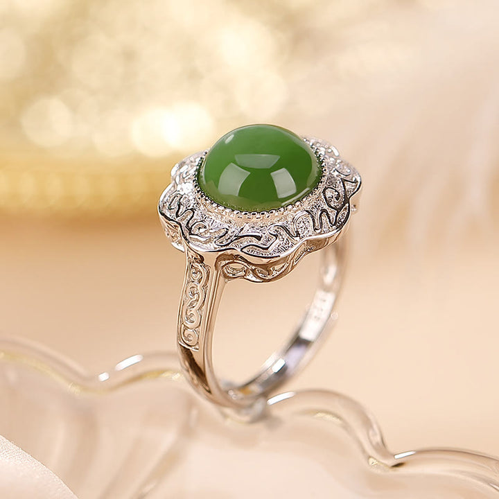 Anello regolabile con design a forma di fiore in giada ciano Hetian in argento sterling 925 Buddha Stones