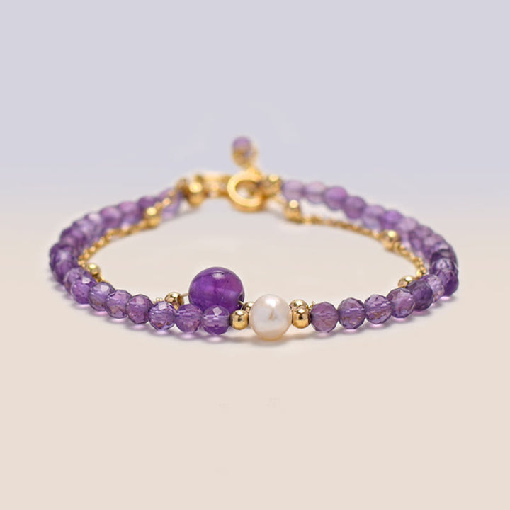 Bracciale a catena a doppio strato con cristalli di ametista placcati in oro 14K Buddha Stones