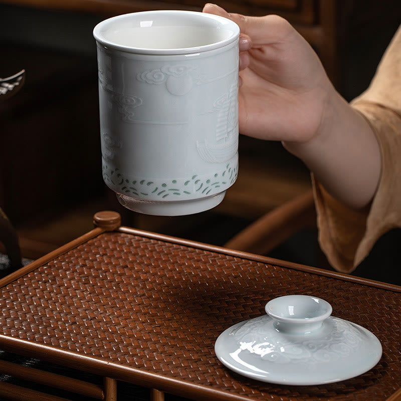 Buddha Stones Jingdezhen Linglong Porcellana Drago di Buon Auspicio Barca Fenice Navigazione Liscia Tazza da Tè in Ceramica Tazze da Tè da Ufficio 420ml