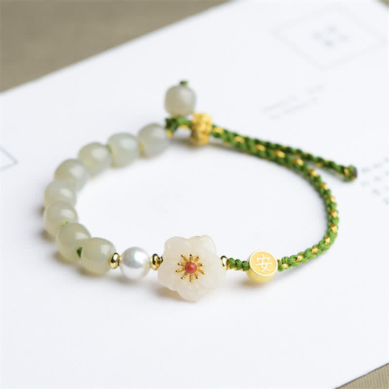 Braccialetto portafortuna in argento sterling 925 con giada naturale Hetian e fiori di pesco