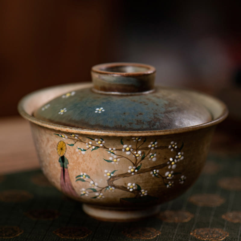 Buddha Stones Jingdezhen dipinte a mano Ru Kiln porcellana Hanfu ragazza fiore ceramica Gaiwan Sancai tazza da tè Kung Fu tazza da tè e piattino con coperchio