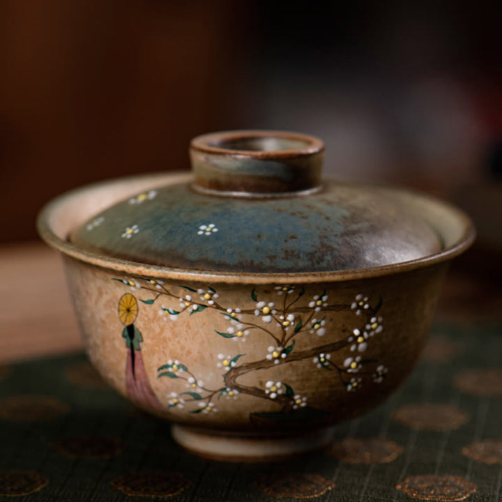 Buddha Stones Jingdezhen dipinte a mano Ru Kiln porcellana Hanfu ragazza fiore ceramica Gaiwan Sancai tazza da tè Kung Fu tazza da tè e piattino con coperchio