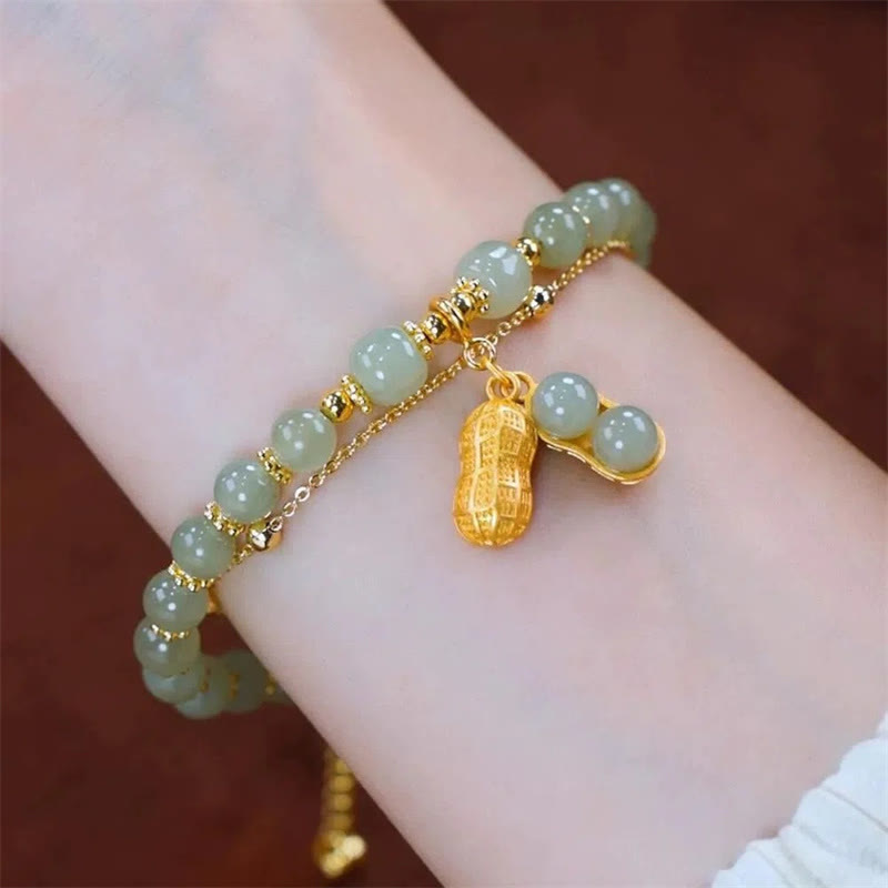 Braccialetto di perline con carattere Fu , Buddha Stones di giada, foglia di ginkgo, tulipano, arachidi e fortuna