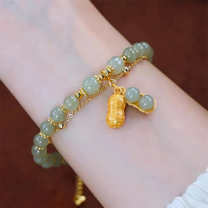 Braccialetto di perline con carattere Fu , Buddha Stones di giada, foglia di ginkgo, tulipano, arachidi e fortuna