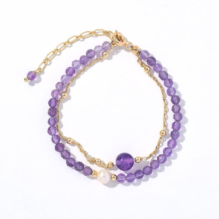 Bracciale a catena a doppio strato con cristalli di ametista placcati in oro 14K Buddha Stones