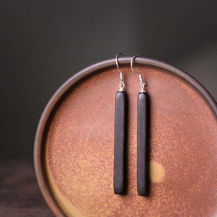 Orecchini pendenti Buddha Stones 925 Sterling Silver Ebony Wood Texture Balance Peace Drop
