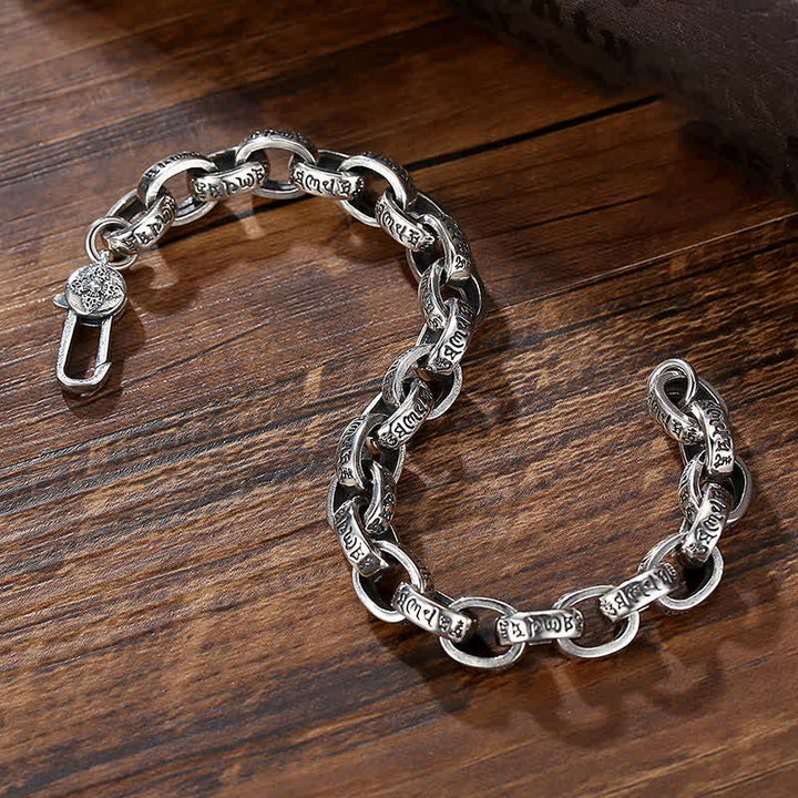 Braccialetto con scritta "Buddha Stones" in argento sterling 925 con incisione Om Mani Padme Hum e simbolo della pace