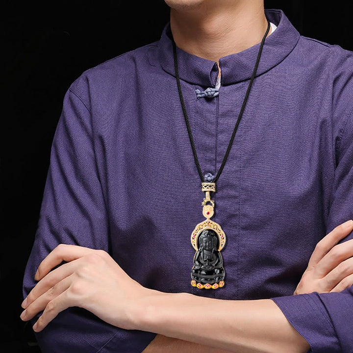 Buddha Stones 925 Sterling Silver Natural Black Jade Kwan Yin Avalokitesvara Collana con ciondolo Wealth - image 9