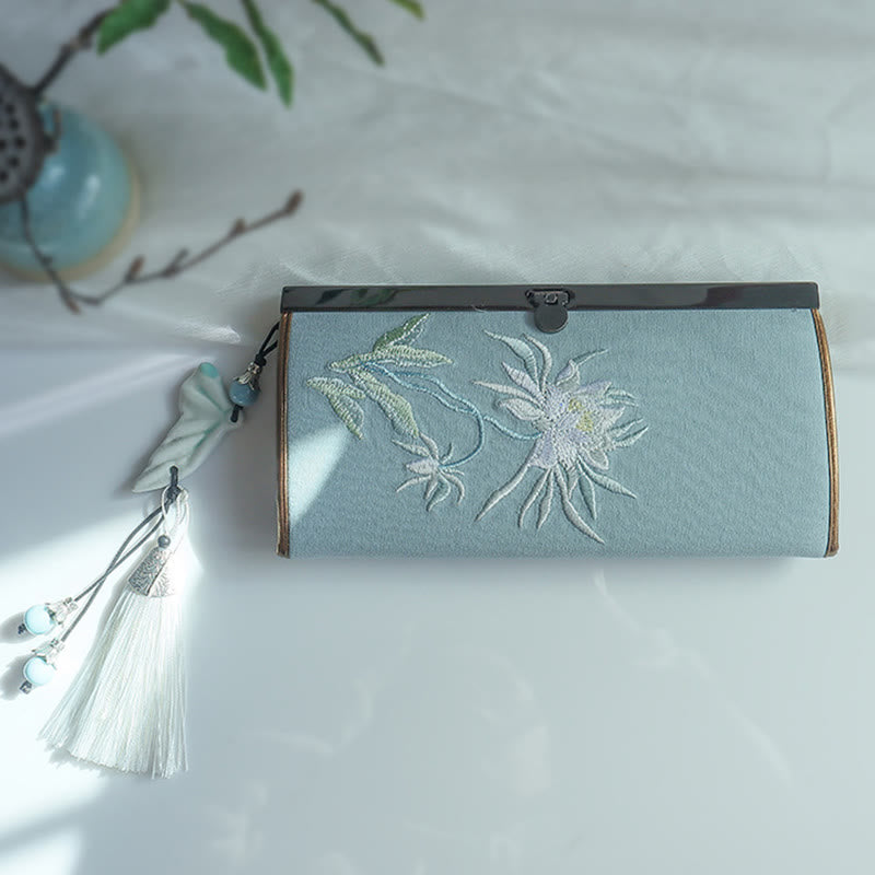 Portafoglio portasoldi grande capacità con ricamo a doppia faccia, Buddha Stones, fiori di prugna, fiori di pesco, bambù, borsa per la spesa - image 4