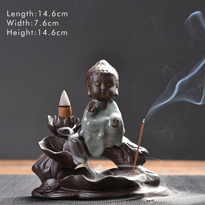 Buddha Stones Piccolo Monaco Ceramica Loto Benedizione Bruciatore Incenso Decorazione