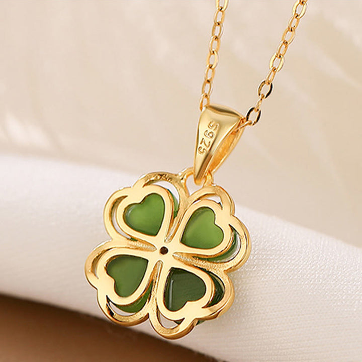 Collana con ciondolo a forma di quadrifoglio fortunato con Buddha Stones in argento sterling 925, giada ciano Hetian, guarigione