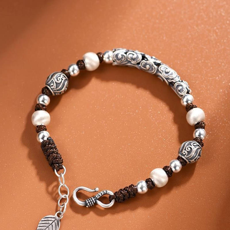 Braccialetto di corda di ricchezza con nuvola di buon auspicio in argento sterling 999 fatto a mano in rame Buddha Stones in Tibet