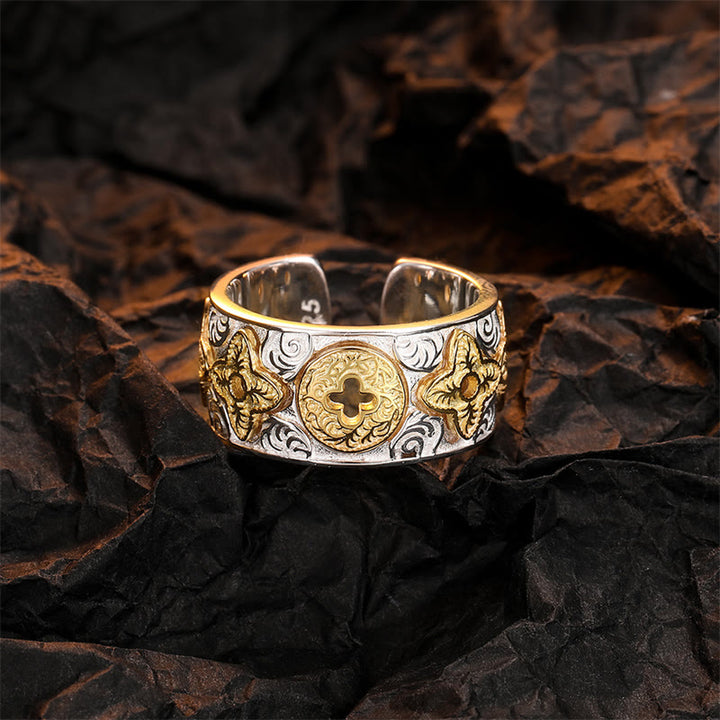 Anello portafortuna con motivo floreale della dinastia Tang in argento sterling 925 Buddha Stones