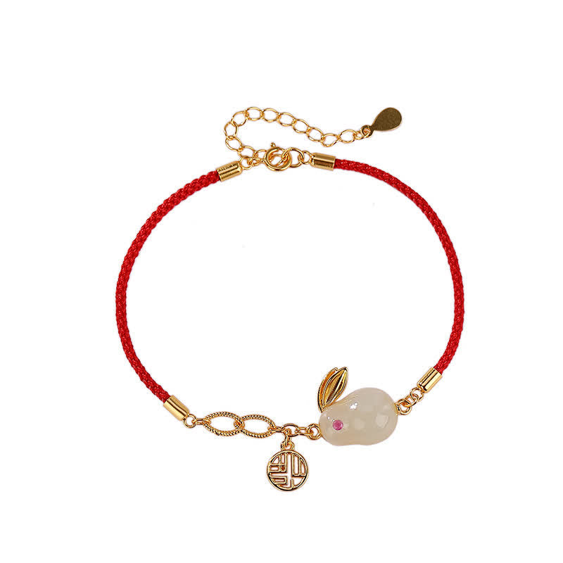 Braccialetto in argento sterling 925 con cordino rosso e giada bianca Hetian dell'anno del coniglio