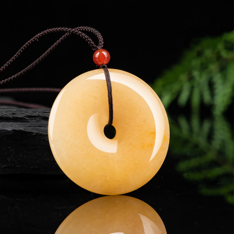 Collana con ciondolo Buddha Stones Round, giada di seta dorata, fibbia della pace e ricchezza
