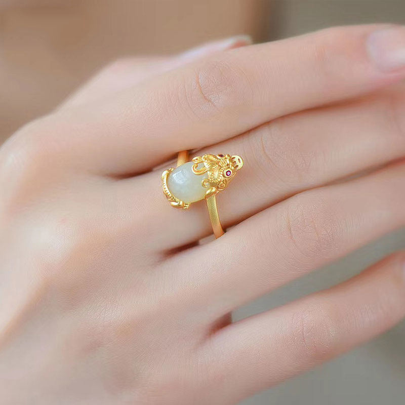 Anello di ricchezza in giada Pixiu placcato oro 18k Buddha Stones