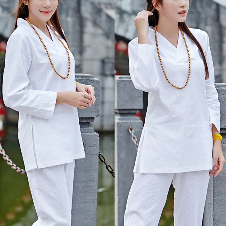 Buddha Stones Zen Pratica Yoga Meditazione Preghiera Scollo a V Design Uniforme Cotone Lino Abbigliamento Donna Set - Bianco - US6, UK/AU10, EU38 (2XL) - image 16