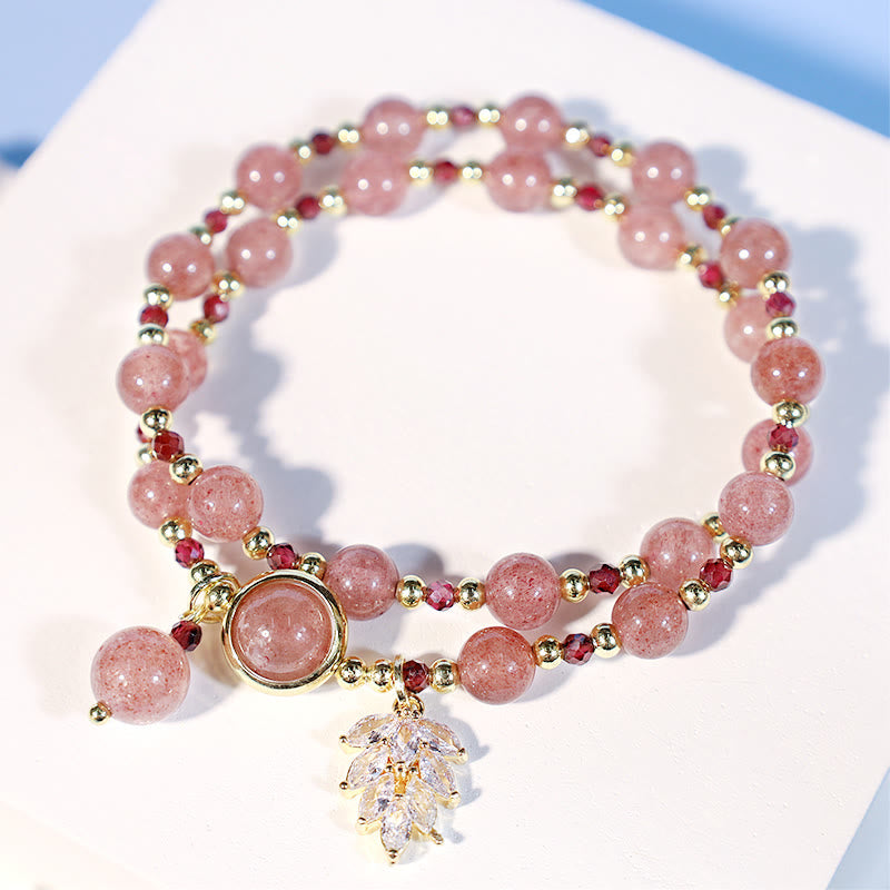 Braccialetto a doppio giro con ciondolo a forma di foglia d'acero con quarzo fragola naturale Buddha Stones Love Healing