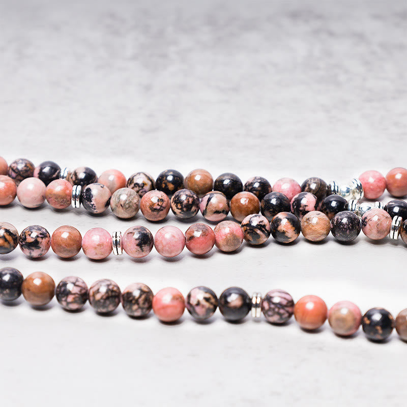 Buddha Stones 108 Mala Beads Rhodonite Lotus Compassion Energy Bracciale