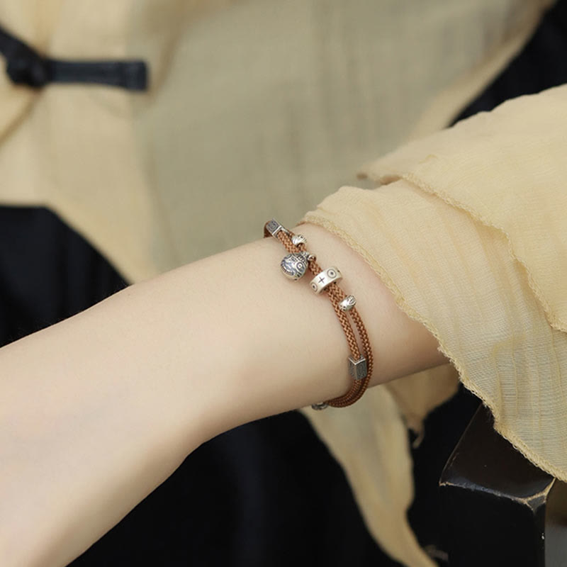 Bracciale intrecciato a mano Buddha Stones 925 Sterling Silver Gold con pesce Koi che ingoia la bestia