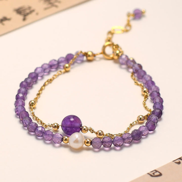 Bracciale a catena a doppio strato con cristalli di ametista placcati in oro 14K Buddha Stones