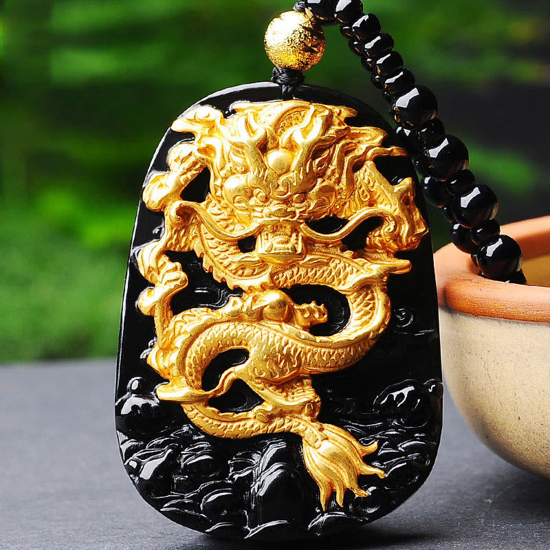 Collana con ciondolo portafortuna in ossidiana drago placcata in oro 18k Buddha Stones - image 1