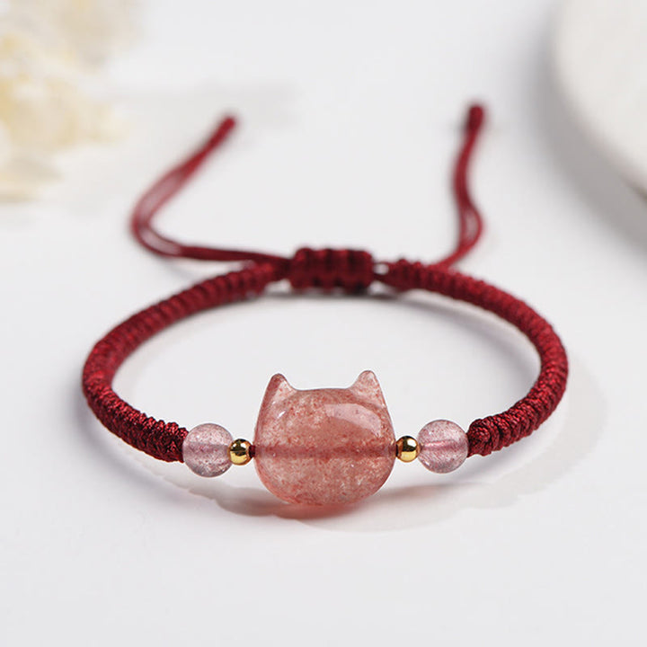 Braccialetto intrecciato con protezione per gatti carino, in ossidiana lucida d'argento naturale fatto a mano, al quarzo fragola, Buddha Stones - Quarzo fragola (Amore♥Guarigione) - Gatto adorabile - image 13
