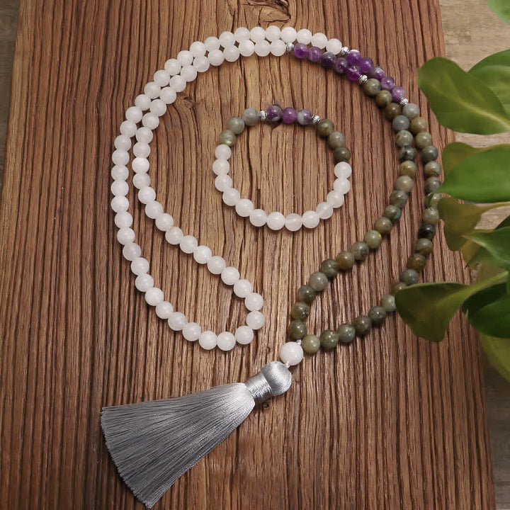 Buddha Stones 108 Mala Beads Agata Bianca Ametista Nero Glitter Pietra Braccialetto di Protezione