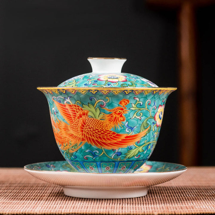 Buddha Stones Dragon Phoenix Flower Design Ceramica Gaiwan Sancai Tazza da tè Kung Fu Tazza da tè e piattino con coperchio