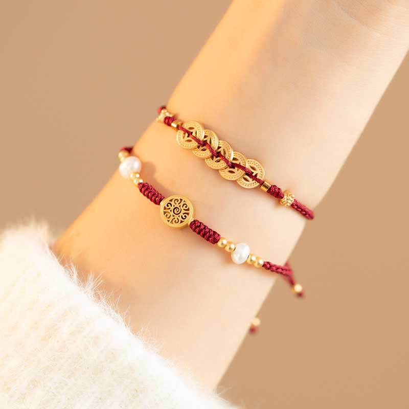 Braccialetto intrecciato con monete di rame, albero della fortuna, forza e Buddha Stones