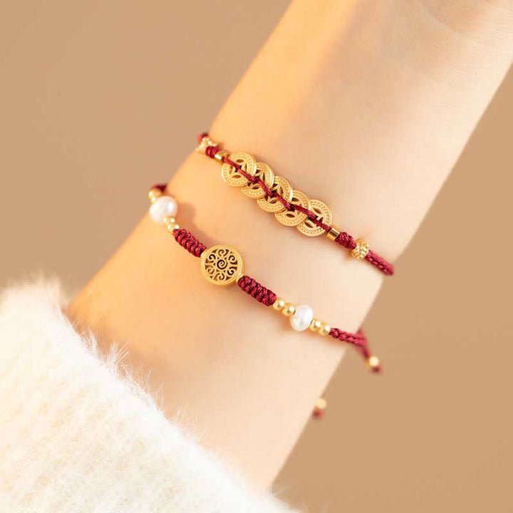 Braccialetto intrecciato con monete di rame, albero della fortuna, forza e Buddha Stones