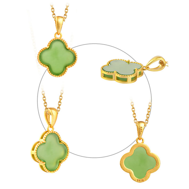 Collana con ciondolo a forma di quadrifoglio con Buddha Stones in argento sterling 925 e giada naturale di Hetian