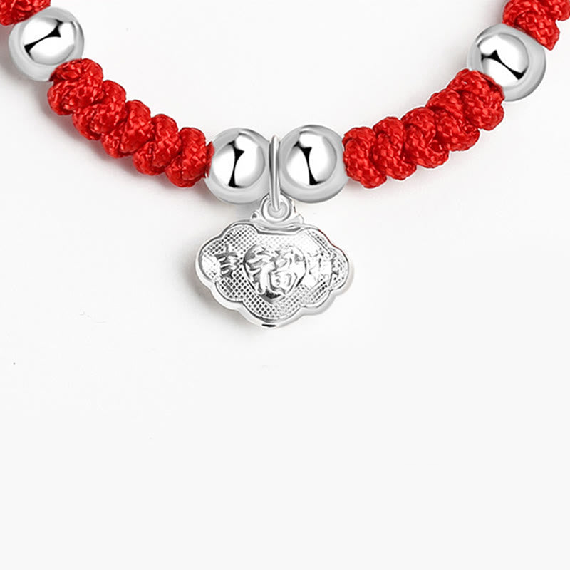 Buddha Stones 925 Sterling Silver Fatto a Mano Fu Carattere Portafortuna Sacchetto di Soldi Cinese Lucchetto Ciondolo Campana Loto Moneta di Rame King Kong Nodo Braccialetto Intrecciato per Bambini