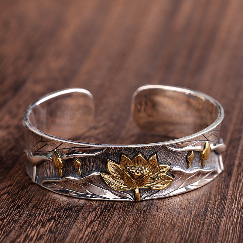 Braccialetto regolabile Buddha Stones 925 Sterling Silver Lotus Flower Calm