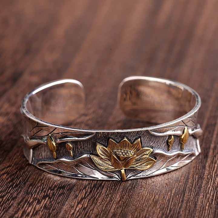 Braccialetto regolabile Buddha Stones 925 Sterling Silver Lotus Flower Calm