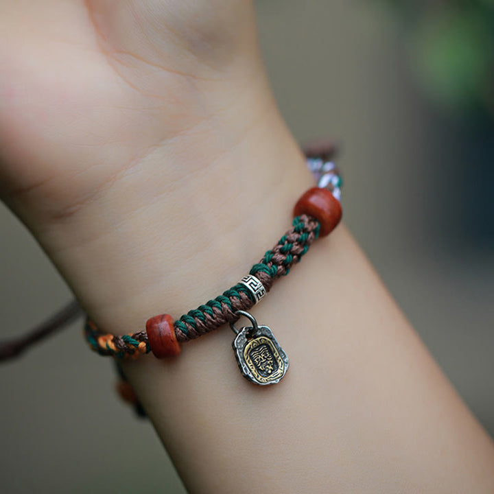 Bracciale intrecciato con protezione in osso di cammello , Buddha Stones 925, con dea della ricchezza, Zakiram