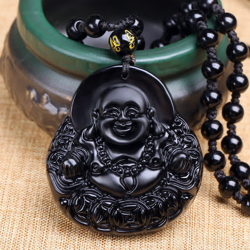 Collana con ciondolo Buddha Stones Laughing Buddha in ossidiana nera, forza e protezione - Ossidiana nera - image 1