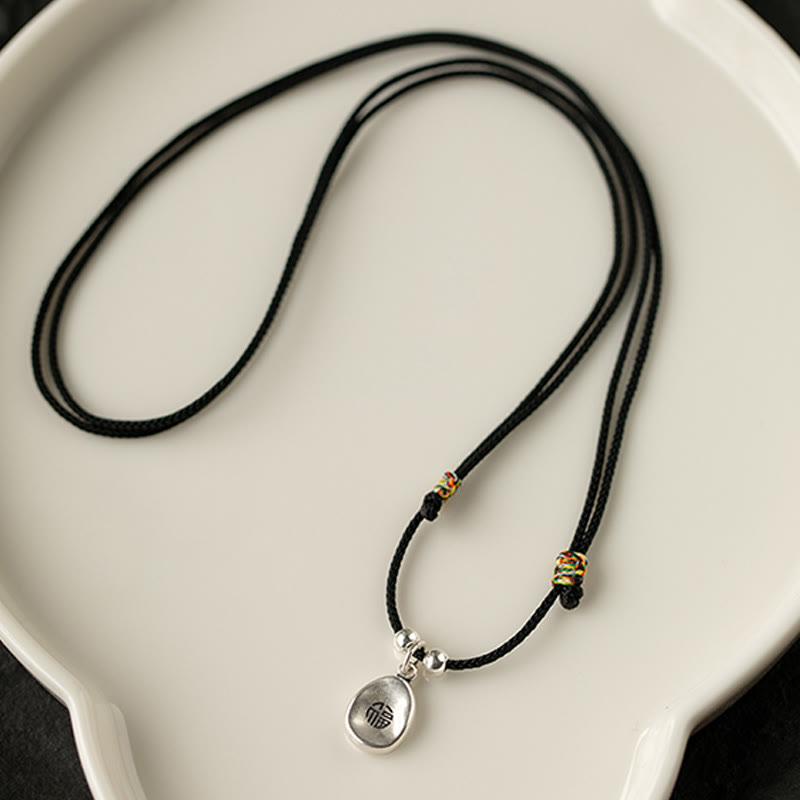 Buddha Stones 999 Sterling Silver Pace e Gioia Fu Carattere Fortuna Fortuna 925 Sterling Silver Catena Collana Pendente
