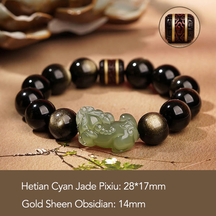 Buddha Stones Oro Naturale Lucentezza Ossidiana Giada Ciano Hetian Giada Bianca Bracciale PiXiu Ricchezza