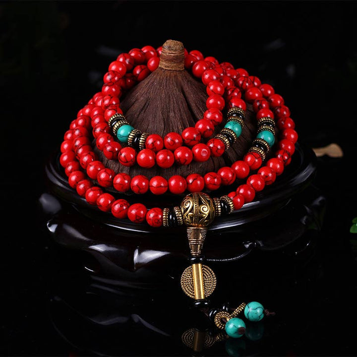 Buddha Stones Mala Tibetano Turchese Rosso Collana Fortunata Bracciale