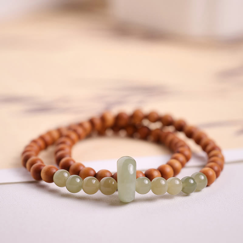 Braccialetto di protezione a doppio giro in giada Hetian e sandalo Buddha Stones
