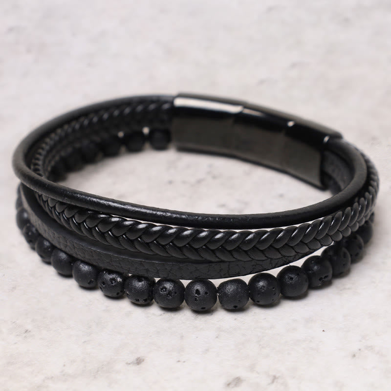 Bracciale in pelle con perline di onice nero e roccia lavica naturale Buddha Stones