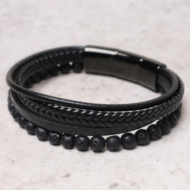 Bracciale in pelle con perline di onice nero e roccia lavica naturale Buddha Stones