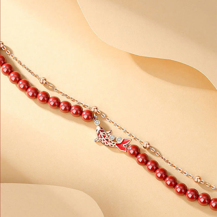 Bracciale a catena a doppio strato con zirconi e cinabro, in argento sterling 925, con pesce koi portafortuna, Buddha Stones