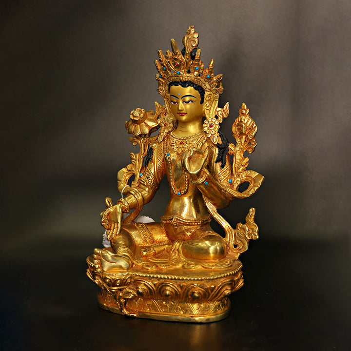 Bodhisattva Tara Chenrezig Avalokitesvara a quattro braccia Protezione Statua placcata in oro e rame Decorazione