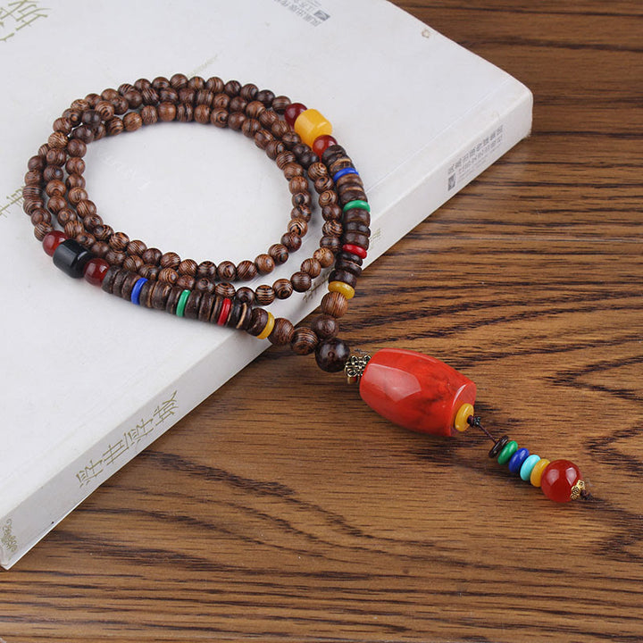 Buddha Stones Tibetano Legno Wenge Bodhi Seme Agata Equilibrio Pace Collana Pendente