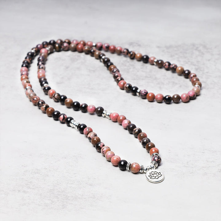 Buddha Stones 108 Mala Beads Rhodonite Lotus Compassion Energy Bracciale