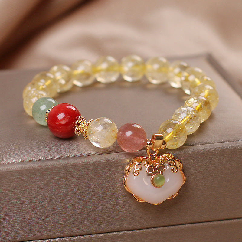 Buddha Stones Bracciale con ciondolo di protezione in giada bianca citrino naturale e quarzo fragola - image 2